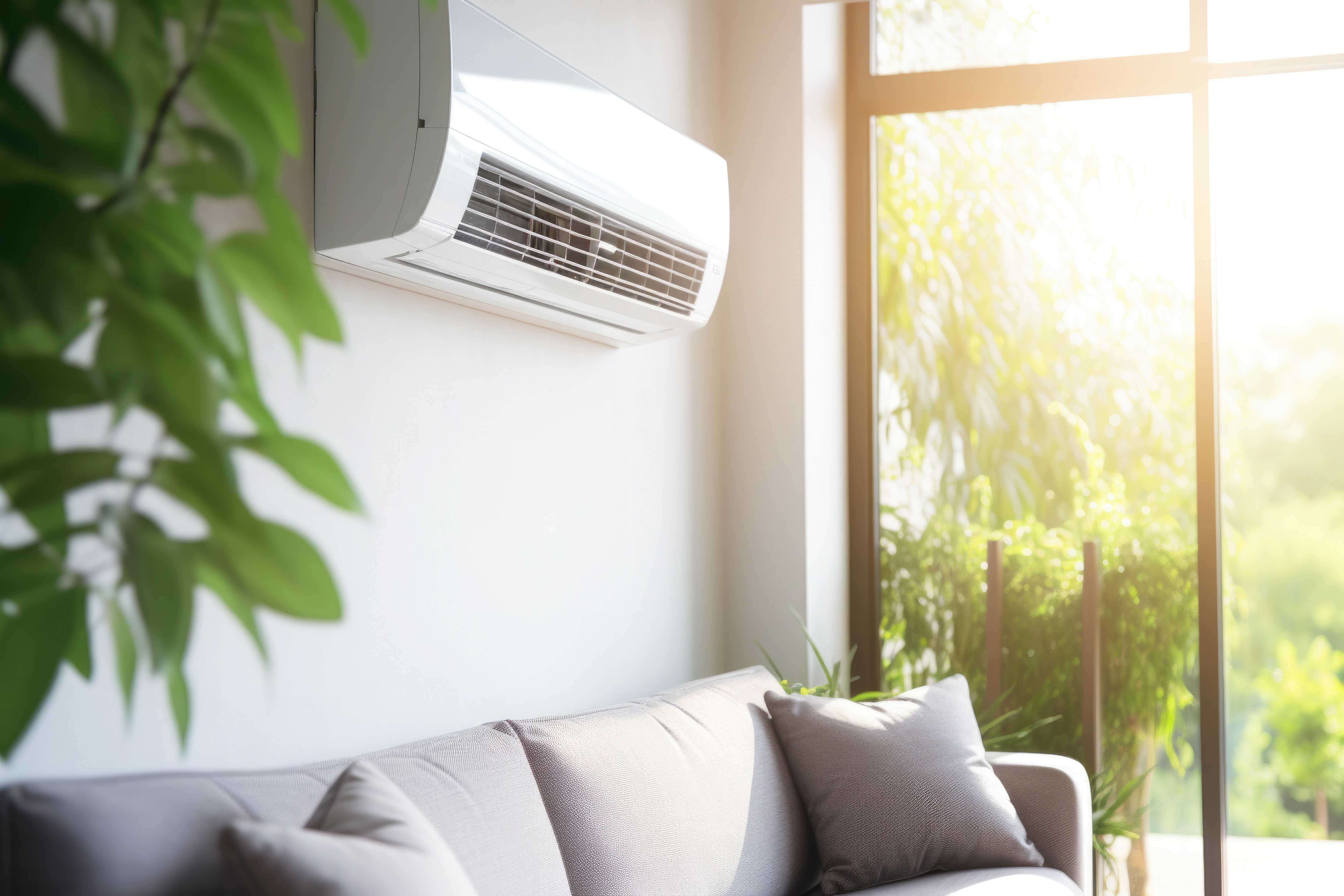 Living room interior with air conditioner. Generative AI
